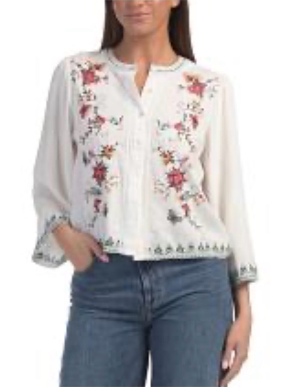 SOLITAIRE | Oatmeal Linen Blend Embroidery Button Front Top M Floral Cross Stitc